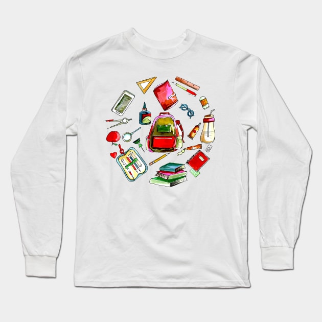 Watercolor School Object Long Sleeve T-Shirt by Mako Design 